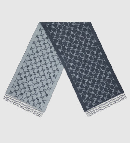 Bonnet et Écharpe en jacquard de cachemire GG bleu marine et bleu clair