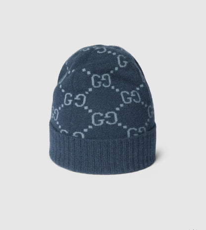Bonnet et Écharpe en jacquard de cachemire GG bleu marine et bleu clair
